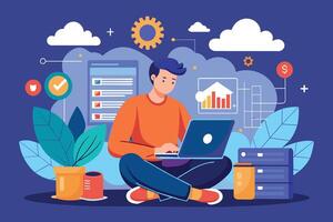 A man is sitting on the floor with his legs crossed, working on a laptop. He is surrounded by colorful icons that represent cloud computing. vector