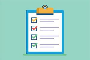 A digital illustration of a checklist with four completed items on a clipboard against a light green background. vector