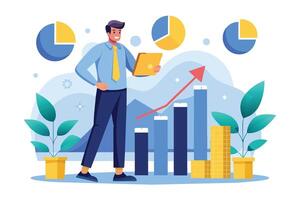 Illustration of a businessman analyzing data and looking at a growing bar graph with a laptop. vector