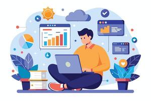 A man is sitting on the floor, legs crossed, working on a laptop. He is surrounded by data analytics charts and graphs, as well as other digital symbols, representing a modern work environment. vector