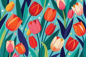 This is a vibrant illustration of a bouquet of colorful tulips with green leaves, set against a blue background. The tulips are stylized in a modern, flat design. vector