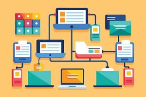 A colorful and modern illustration showcasing a network of connected devices, including computers, laptops, smartphones, and tablets. vector