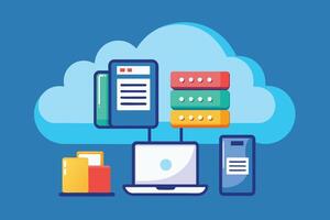 A colorful illustration depicting a cloud with data storage, connected to a laptop, mobile phone, and a server. vector