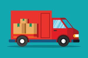 A red delivery truck with a closed door is shown driving on a teal background. The back of the truck is loaded with three cardboard boxes, each with a green ribbon. vector