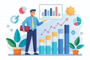 An illustration of a businessman presenting a bar chart that shows an upward trend. He is smiling and holding a briefcase, indicating success. vector