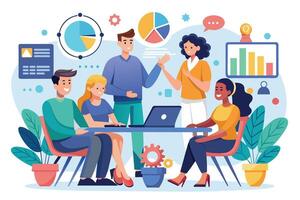 A diverse team of four people are gathered around a laptop, discussing data and charts in a business meeting. vector