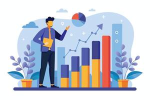 Illustration of a businessman presenting a growing bar chart and a pie chart. vector