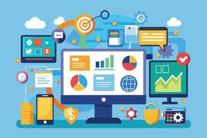 This colorful illustration depicts a digital marketing strategy with various charts, graphs, devices, and icons, including a computer, mobile phone, and social media icons. vector