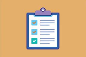 A blue clipboard with a white sheet of paper showing a completed checklist with three checkmarks. vector