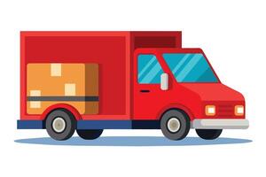 A cartoon image of a red delivery truck with a large brown box in the back. The truck is driving on a white background. vector