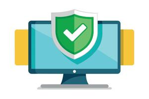 Illustration of a computer screen with a green checkmark inside a shield, symbolizing protection and security. vector