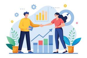 A man and woman shake hands in front of a bar graph representing growth, signifying a successful business partnership. vector