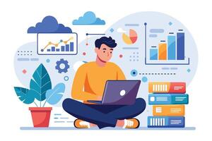 An illustration of a man sitting cross-legged on the floor, working on his laptop with colorful data charts and graphs in the background. vector