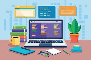 A laptop computer with code on the screen is sitting on a desk with a stack of colorful books, a cup of coffee, a potted plant, and a notebook. vector