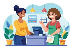 A smiling cashier interacts with a customer at a retail store counter, offering assistance and engaging in a pleasant conversation. vector