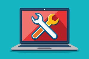 A flat design illustration of a laptop with a red screen, displaying crossed wrenches in a white and orange color scheme, representing digital repair or technical support. vector