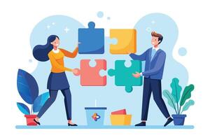 A woman and a man work together to complete a puzzle, demonstrating teamwork and collaboration. vector