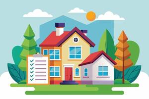 Illustration of two houses in a suburban neighborhood, with a checklist in front of the main house. The scene depicts a sunny day with green trees and clouds in the sky. vector