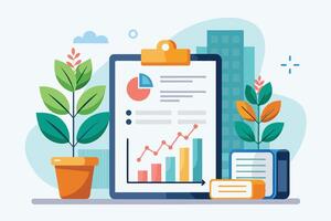 Illustration depicting a business growth report with a chart and graph, showing a clear upward trend, alongside a pie chart and other data points. vector