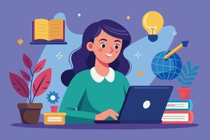 A smiling woman sits at a desk with a laptop, books, a globe, and a lightbulb, alluding to her online learning experience. vector