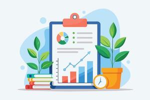 A clipboard with a colorful chart showing business growth with a pie chart, bar graph, and line graph, along with plants, a clock, and books. vector