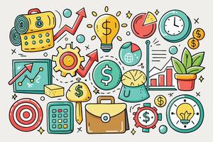 A vibrant doodle illustration showcasing various business elements, including charts, graphs, money, time, and growth indicators. vector