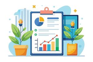 An illustration of a clipboard with a business growth chart, pie chart, and text. Its surrounded by two potted plants. vector