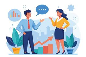 Two business professionals, a man and a woman, are having a discussion about growth and success, as indicated by the upward arrow and bar graph behind them. vector
