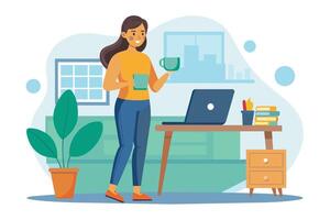 A woman stands in a home office with a laptop, holding a cup of coffee in one hand. She is smiling and appears to be working or taking a break. vector