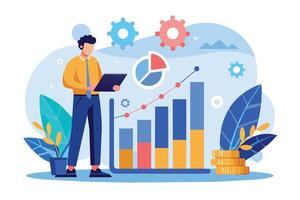 A cartoon illustration of a businessman standing in front of a bar chart, holding a laptop and looking at a chart. The chart depicts upward growth and is accompanied by coins, signifying success. vector