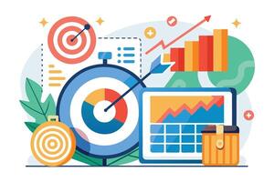 This illustration depicts a business setting with multiple targets, graphs, and a chart, symbolizing goal setting and achievement. vector