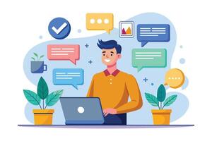 A smiling man is working on his laptop, with multiple chat bubbles around him. Hes likely engaged in a productive work session, surrounded by communication and collaboration. vector
