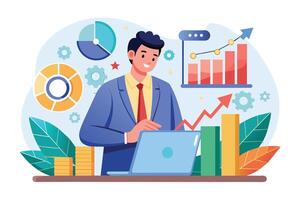 A businessman in a blue suit analyzes charts and graphs on his laptop while smiling and looking at the upward trend graph. vector