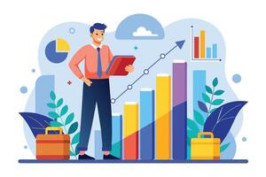 An illustration depicting a businessman reviewing financial growth charts, with an upward trend line indicating positive performance. vector