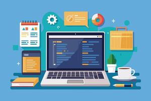 A flat illustration of an open laptop with code on the screen, a cup of coffee, a plant, a notebook, a tablet, a briefcase, a gear, and a chart. vector