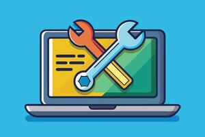 Illustration of a laptop with crossed wrench icons, symbolizing technical support and troubleshooting. vector
