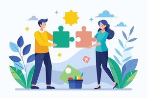 Illustration of two people connecting puzzle pieces together, representing teamwork and collaboration. vector