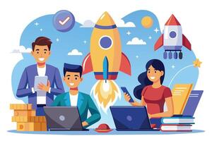 An illustration of a diverse team of professionals working together on a project, with a rocket launching in the background representing success and growth. vector