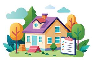 An illustration of a suburban house with a checklist, suggesting a list of things to consider when buying a home. vector