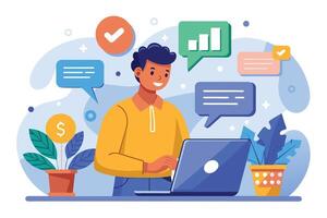 An illustration of a man smiling and working on his laptop with positive symbols, including growth indicators and check marks. vector