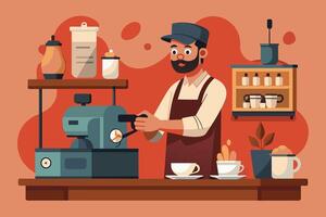A barista wearing an apron prepares a cup of coffee using an espresso machine in a cafe. vector