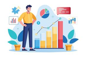 An illustration of a happy businessman looking at a growing bar graph, indicating successful business growth. vector