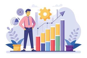 A confident businessman stands before a bar chart showing an upward trend, symbolizing success and growth. vector