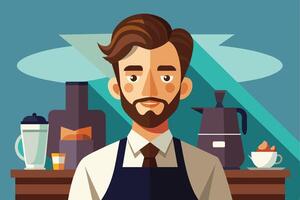 An illustration of a barista standing behind a coffee counter. He is smiling and wearing an apron. There are coffee pots and other equipment on the counter. vector