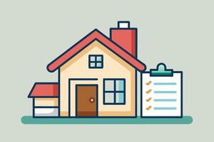 A simple illustration of a house with a checklist next to it. The house has a red roof and windows, a brown door, and a small garage. The checklist is on a clipboard with five checked items. vector