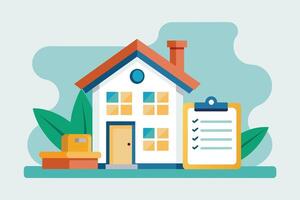 A digital illustration featuring a house with a checklist and a package on the porch. This image can be used to represent home improvement projects, to-do lists, or home delivery services. vector
