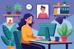 A woman sits at a desk working on her computer. She is smiling and appears to be enjoying her work. There are plants and a framed picture on the wall behind her. vector