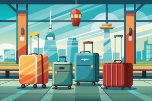 Four wheeled suitcases are lined up against a large airport window with a cityscape view. vector