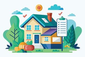 A cartoon illustration of a completed checklist next to a two-story house with a green yard and a sun in the sky. vector