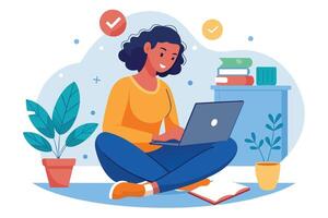 A woman sits on the floor with her legs crossed, working on a laptop computer. There are books on a table nearby and two potted plants in the room. vector